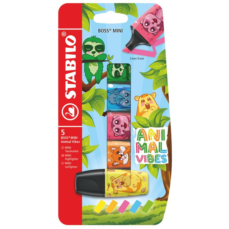 Zvýrazňovač - STABILO BOSS MINI Animal Vibes - 5 ks sada - neonové farby