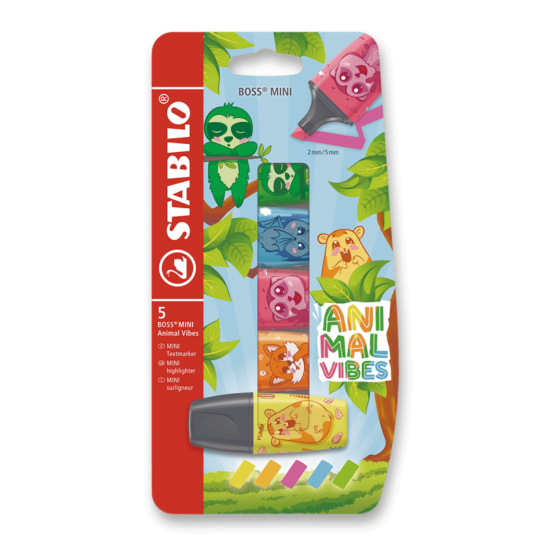 Zvýrazňovač - STABILO BOSS MINI Animal Vibes - 5 ks sada - neonové farby