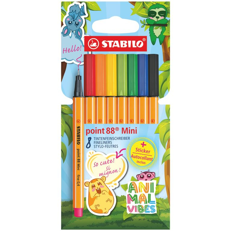 Jemný liner - STABILO point 88 Mini Animal Vibes - 8 ks sada - vrátane nálepky