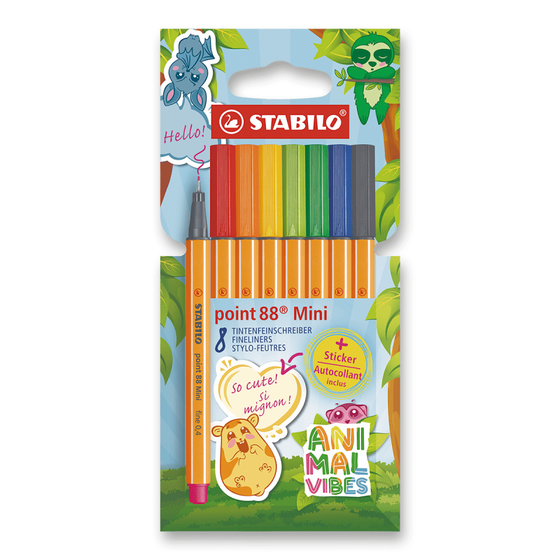 Jemný liner - STABILO point 88 Mini Animal Vibes - 8 ks sada - vrátane nálepky
