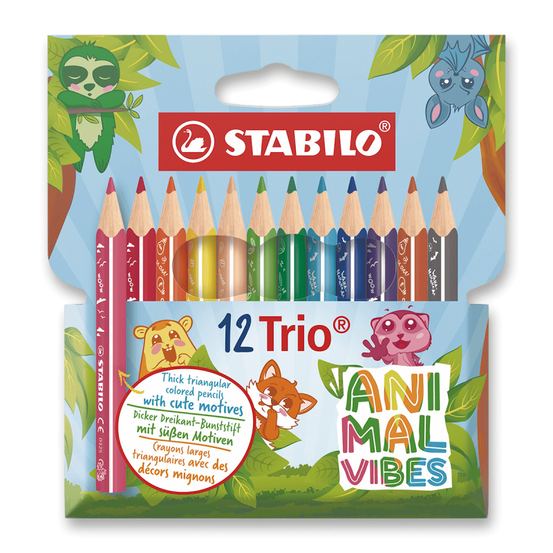 Trojhranná farbička - STABILO Trio hrubá krátka - 12 ks sada - s motívmi zvierat