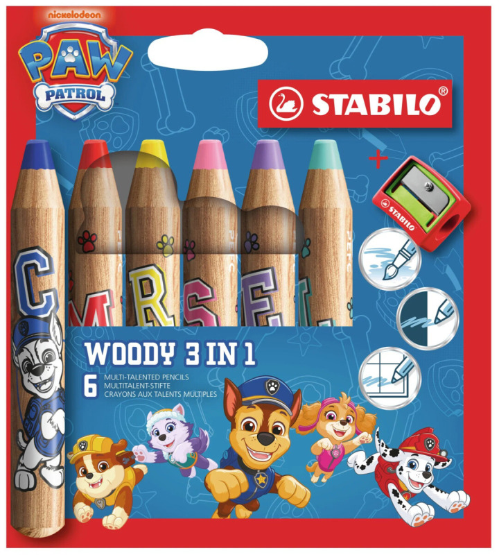 STABILO woody 3 in 1 PAW Patrol - 6 ks sada včetně ořezávátka - s potisky PAW Patrol