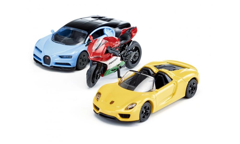SIKU Super - set 2 sportovní aut a motorka