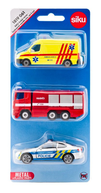 SIKU kovový model - Set 3ks, Auto policie, hasičů a ambulance česká verze