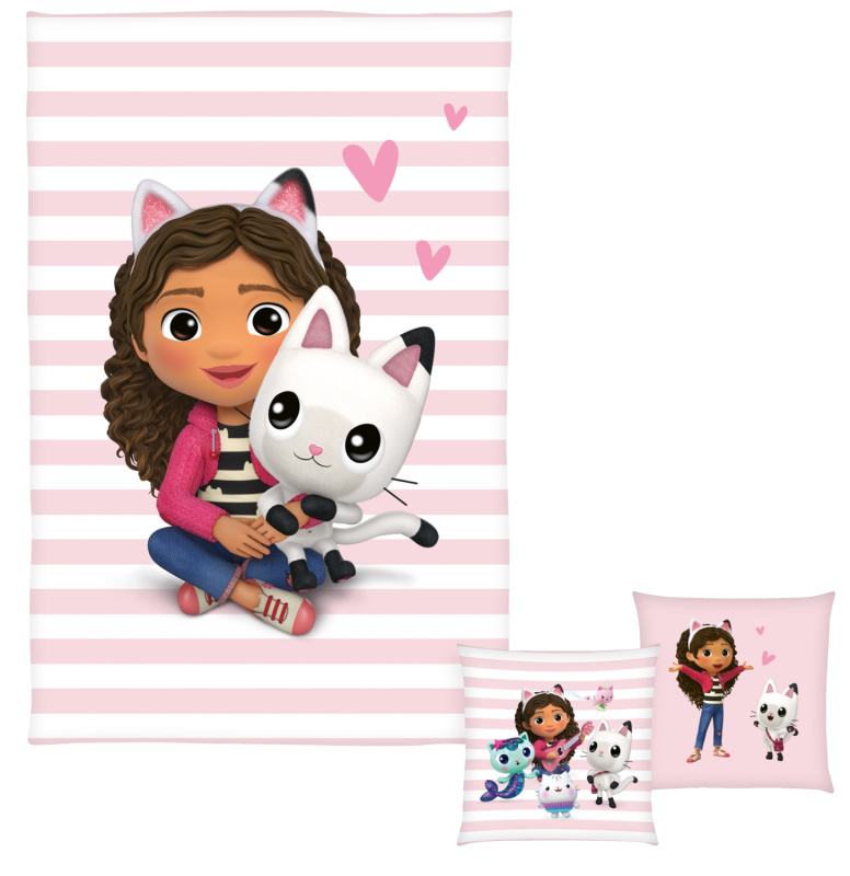 Gabby´s Dollhouse Sada deky s polštářem, 2dílná (pruhy/růžová/bílá)