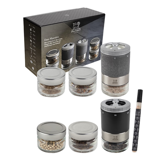 Peugeot Duo mlýnků Maestro na sůl a pepř se 6 zásobníky, kořením a popisovačem 48013