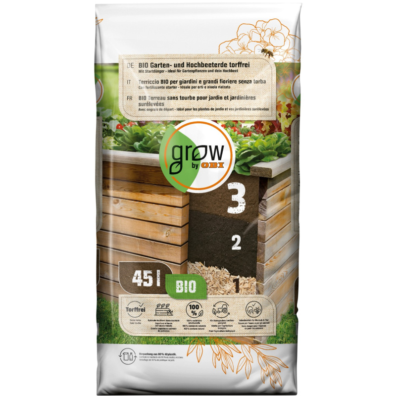 GROW by OBI BIO zahradní a vyvýšená záhonová zemina, bez rašeliny 45 l