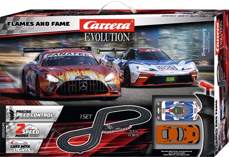 Autodráha carrera evolution flames and fame 5,3 m se závodními vozy mercedes-amg gt3 a ktm x-bow gtx