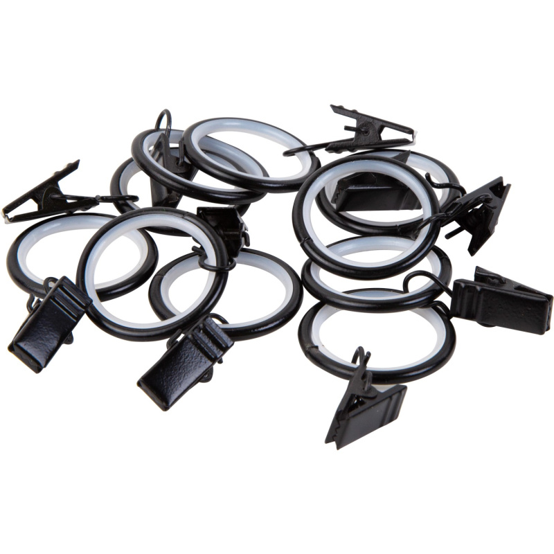 Záclonové kroužky s žabkami černé, 10 ks, pr. 19 mm