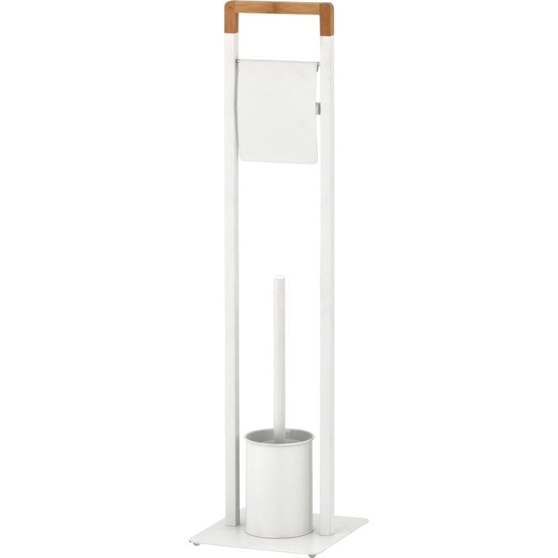 WC štětka s držákem toaletního papíru, kov/bambus, bílá, 19 x 19 x 74,5 cm