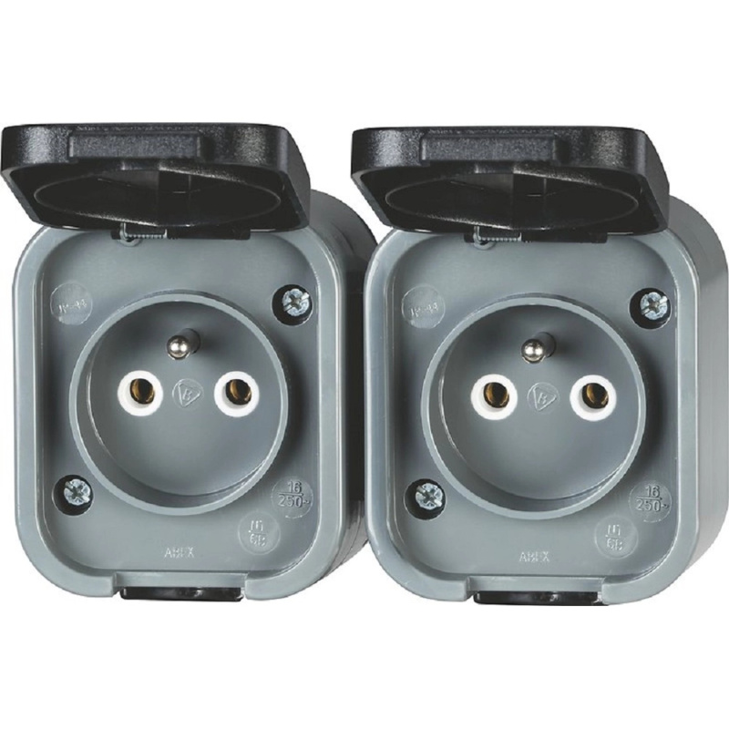 Zásuvka se středovým ochranným kontaktem dvojitá IP44 šedá