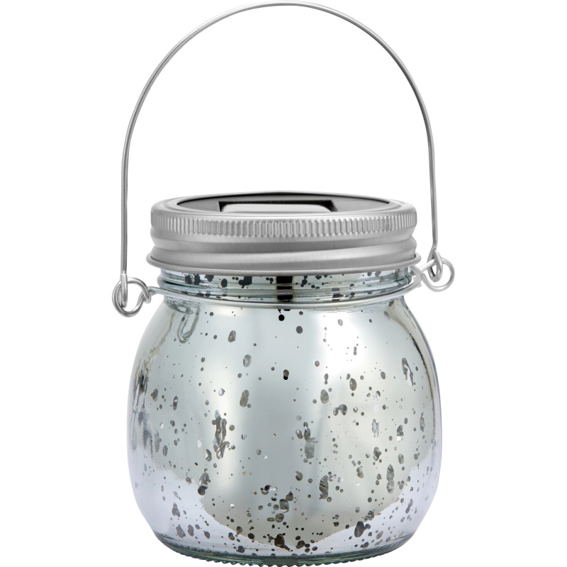 Dekorativní solární LED skleněná lucerna, IP44, stříbrná, pr. 8 x 9 cm