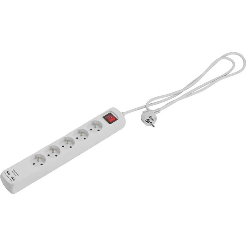 Zásuvková lišta 6-násobná s 2x USB, bílá, 1,4 m