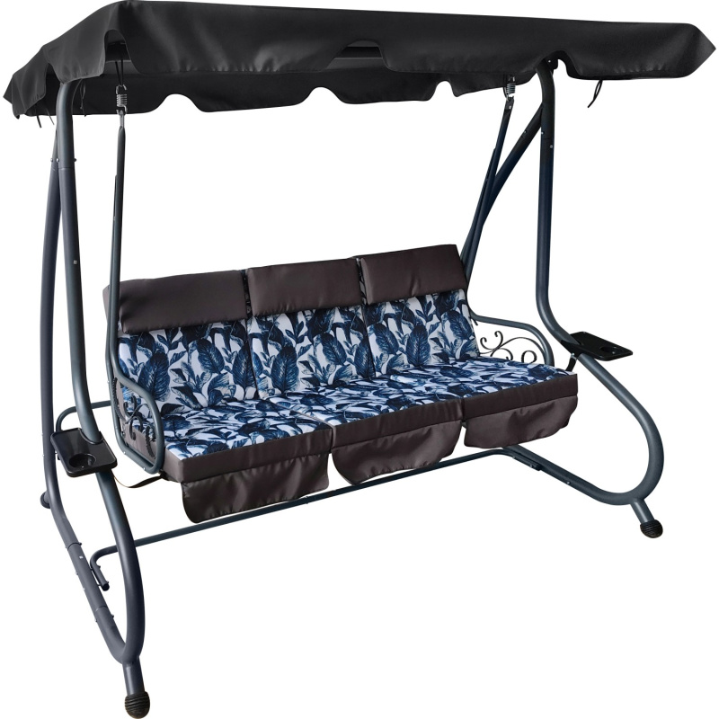 Hollywoodská houpačka Talca 3místná, motiv květin antracit/modrá, 124x204x170 cm