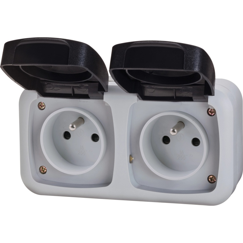 Zásuvka se středovým ochranným kontaktem na omítku dvojitá šedá/černá kulatá