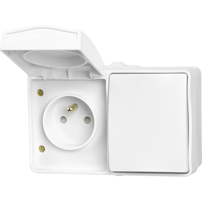 Zásuvka se středovým ochranným kontaktem + vypínač/přepínač IP54 bílá
