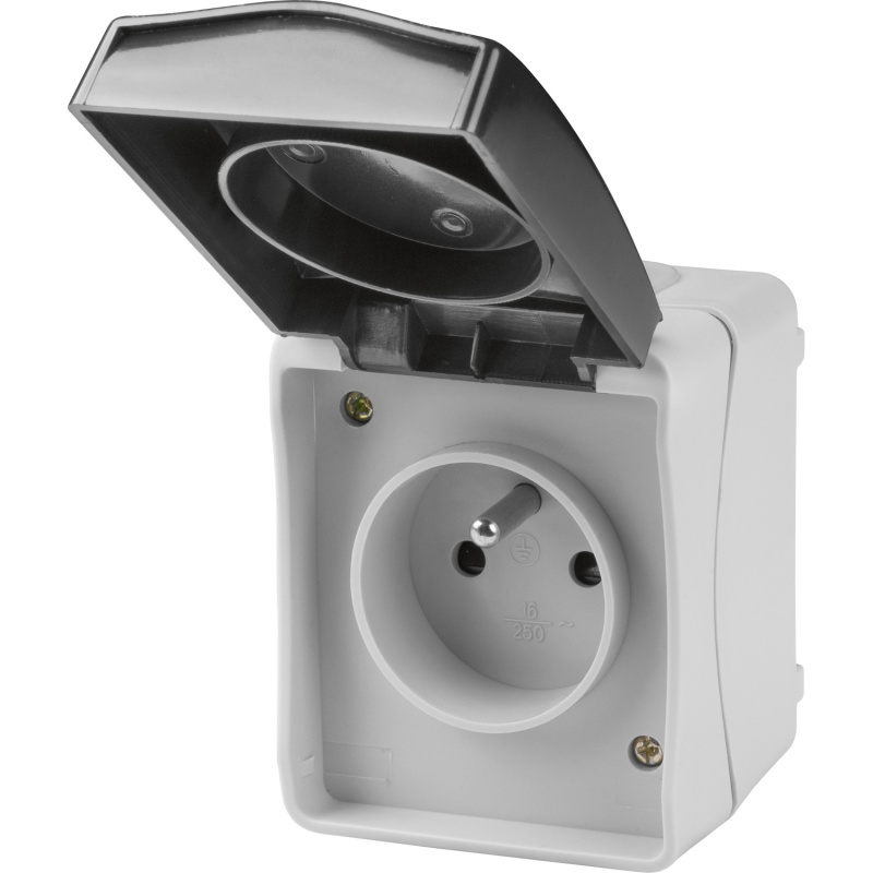 Zásuvka se středovým ochranným kontaktem jednoduchá šedá/černá