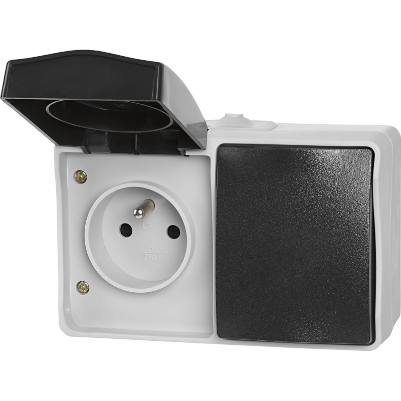 Zásuvka se středovým ochranným kontaktem + vypínač/přepínač IP54 šedá/černá