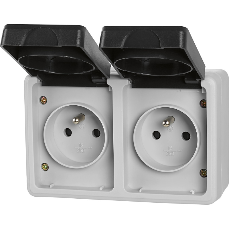 Zásuvka se středovým ochranným kontaktem dvojitá IP54 šedá/černá