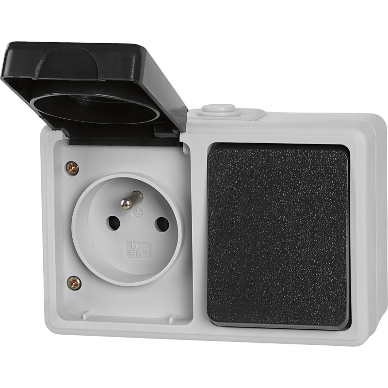 Zásuvka se středovým ochranným kontaktem + vypínač/přepínač IP54 šedá/černá