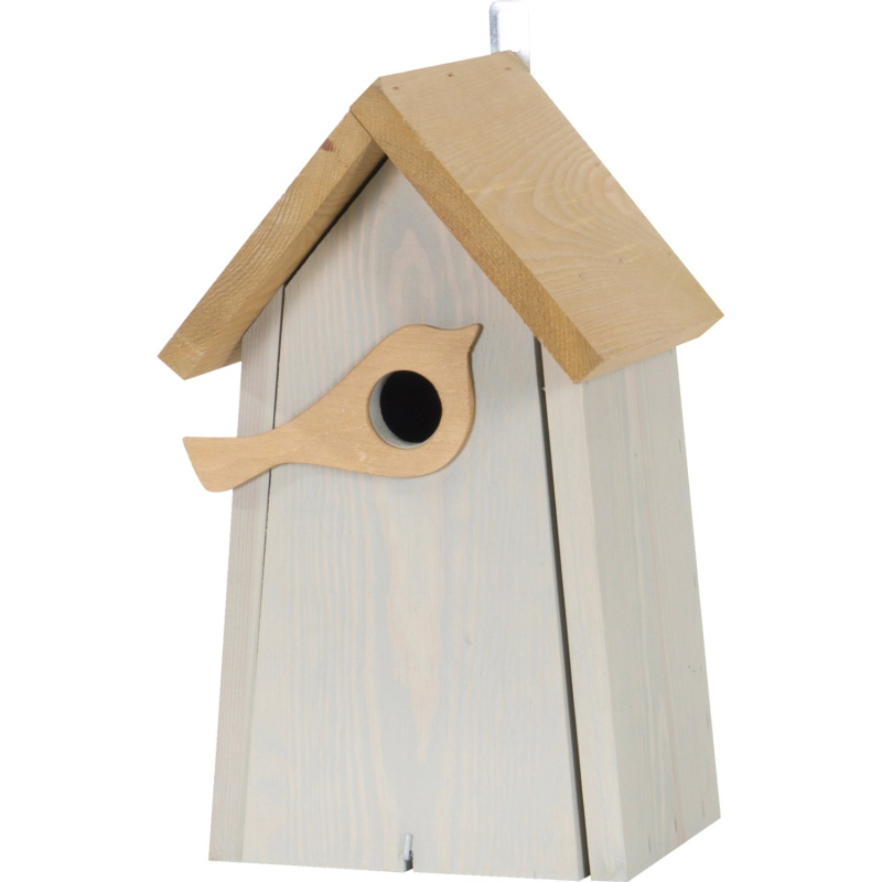 Ptačí budka s figurkou ptáčka velká FSC  světle šedá - hnědá