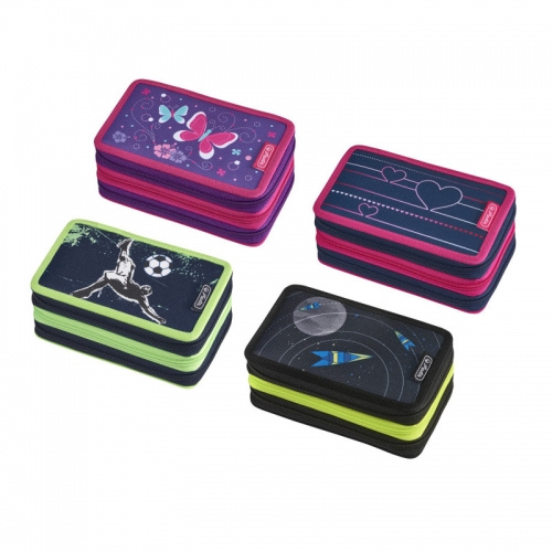 Školní penál Herlitz 3-patrový prázdný - mix motivů: Motýl fialový, Srdce, Góóól, Vesmír - skladem už jen Vesmírl
