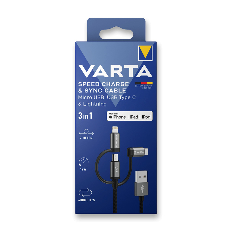 Varta - USB kabel - 3-in-1, USB-A - Light/Micro/C, 2 m