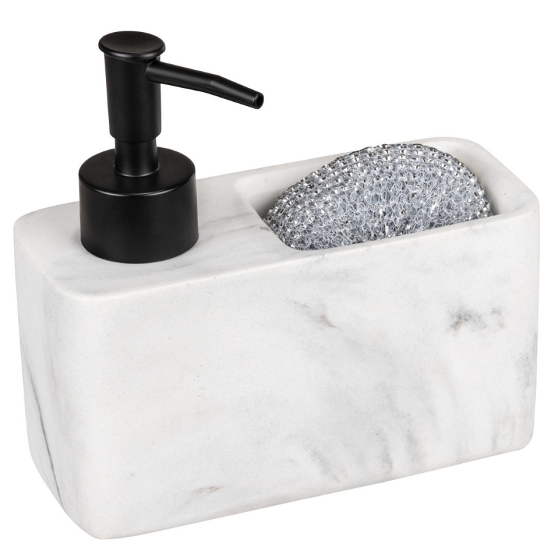 Dávkovač saponátu RESA MARBLE s přihrádkou na kuchyňskou houbičku, bílý, WENKO bílá
