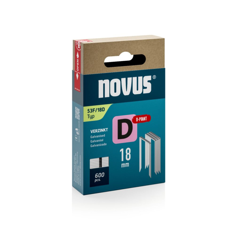 NOVUS | Spony z plochého drátu, typ D 53F – seříznutý hrot Délky: 18 mm, Velikost balení: 600 ks