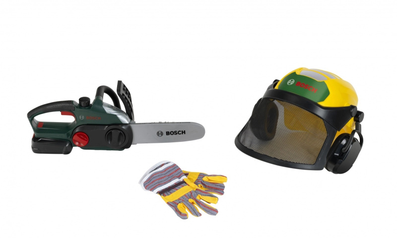 Dětská sada dřevorubce s motorovou pilou, štítem a rukavicemi BOSCH