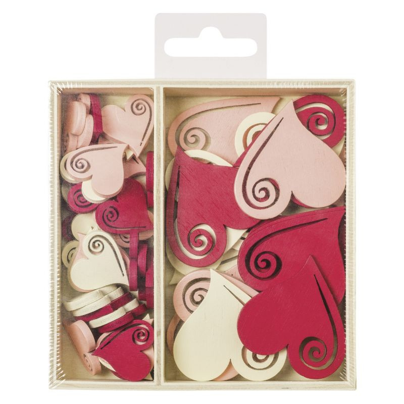 Srdíčka se spirálou - mix dřevěných barevných dekorací (54ks)