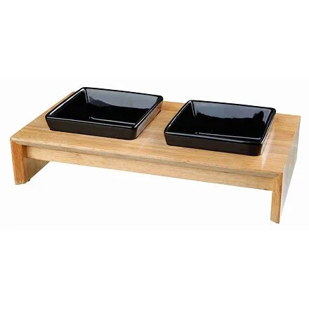 Dřevěný bar, 2x keramická čtyřhranná miska, á 0,4 l / 13 x 13 cm,  černá 1 set