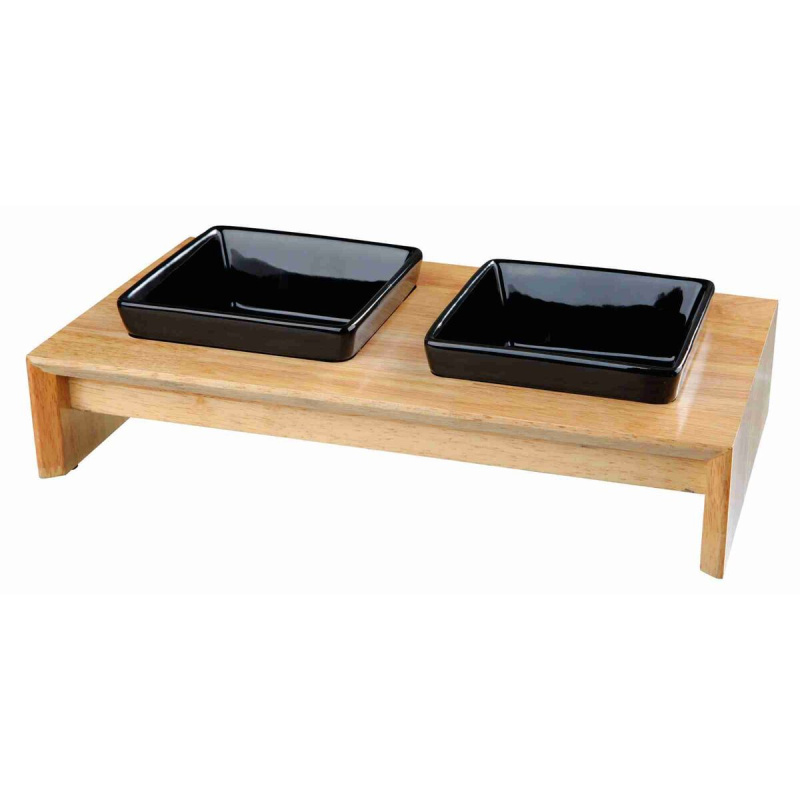 Dřevěný bar, 2x keramická čtyřhranná miska, á 0,4 l / 13 x 13 cm,  černá 1 set