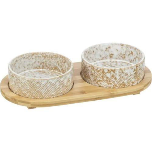 Set misek v bambusovém stojanu, bílá/světlehnědá 2 × 0,8 l/ ø 16 cm/ 39 x 8 x 20 cm