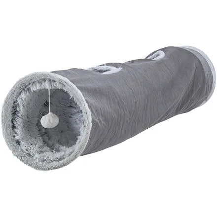 Plyšový tunel pro kočky HARVEY s hračkami, 4 vstupy, 27 x 116 cm, šedá 1 ks