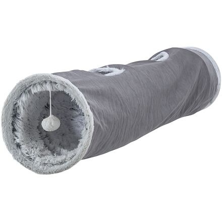 Plyšový tunel pro kočky HARVEY s hračkami, 4 vstupy, 27 x 116 cm, šedá 1 ks