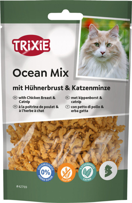 Ocean Mix, minirybičky s kuřecími prsíčky a catnipem, obsah masa 27 % 50g