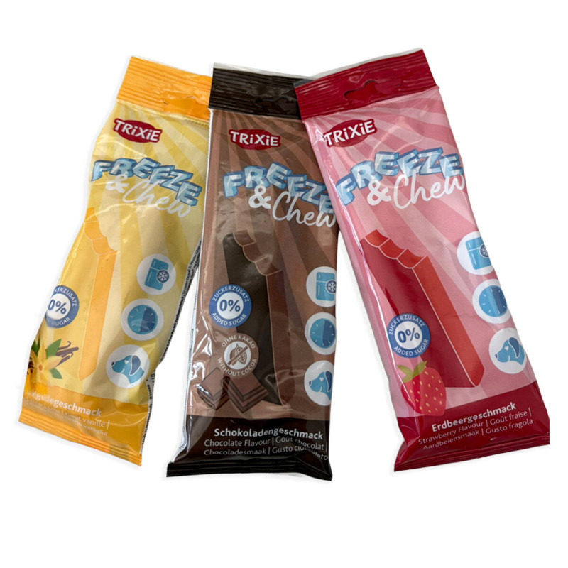 TRIXIE Freeze & Chew Bar - "zamraz a žvýkej", pamlsek pro psy 65 g, [1 ks], čoko/vanilka/jahoda - LIMITKA