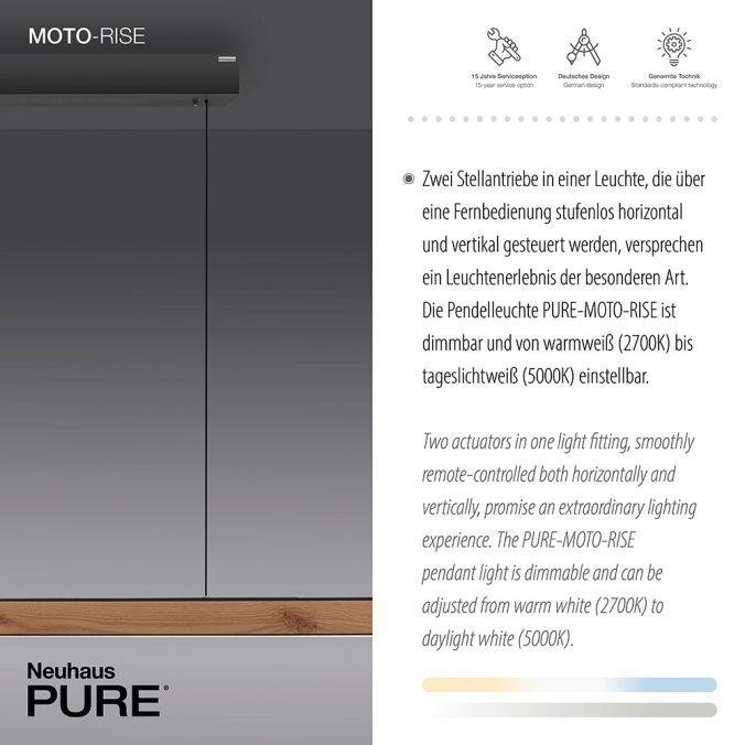 Paul Neuhaus LED závěsné svítidlo PURE-MOTO-RISE elektricky nastavitelná výška + šířka / dotykové 2700-5000K dub/černá perleť, d.200cm