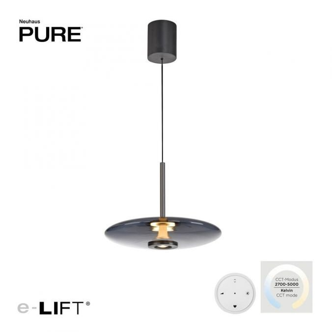 Paul Neuhaus Závěsné LED svítilo PURE E-Vitrum, 18W,š. 45 cm, CCT 2700-5700K Barva: Platina-kouřová