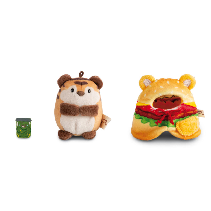 NICI plyš MyMochi Tygr Tiggy 8cm v kostýmu hamburger a okurkou,set dárkové balení 8,5x6,5x10cm
