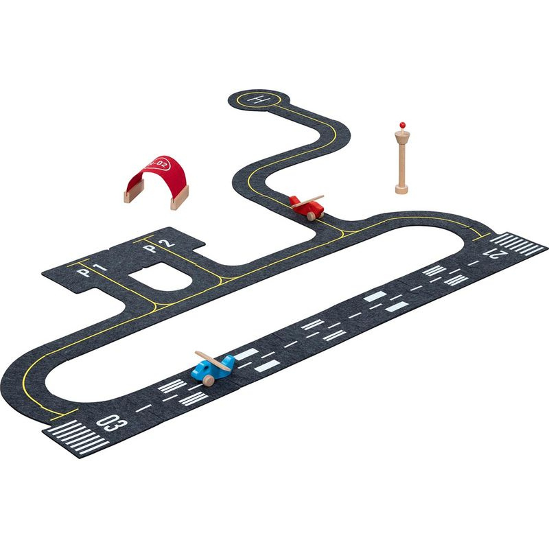 Puzzle podlahové - Letištní plocha z filce + 4 dřevěné hračky (Goki)