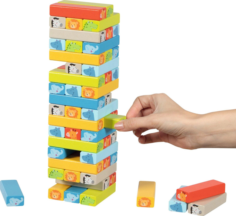 Jenga barevná - Se zvířátky a kostkou (Goki)