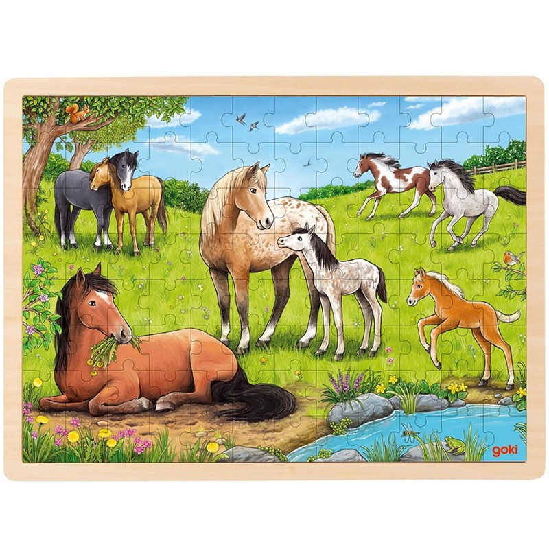 Puzzle na desce - Velké A3, Koně na louce, 96 dílků (Goki)