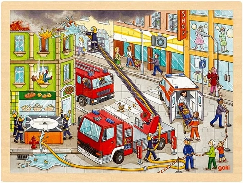 Puzzle na desce - Velké A3, Hasičský zásah, 96 dílků (Goki)