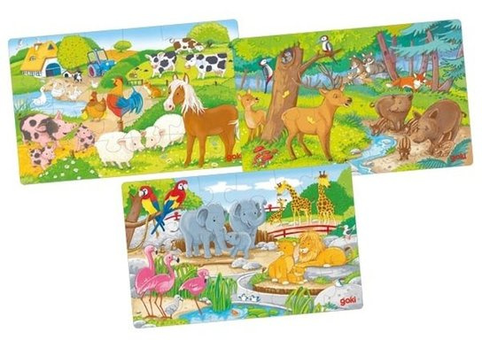 Puzzle dřevěné - Zvířátka, 3 x 24 dílů (Goki)