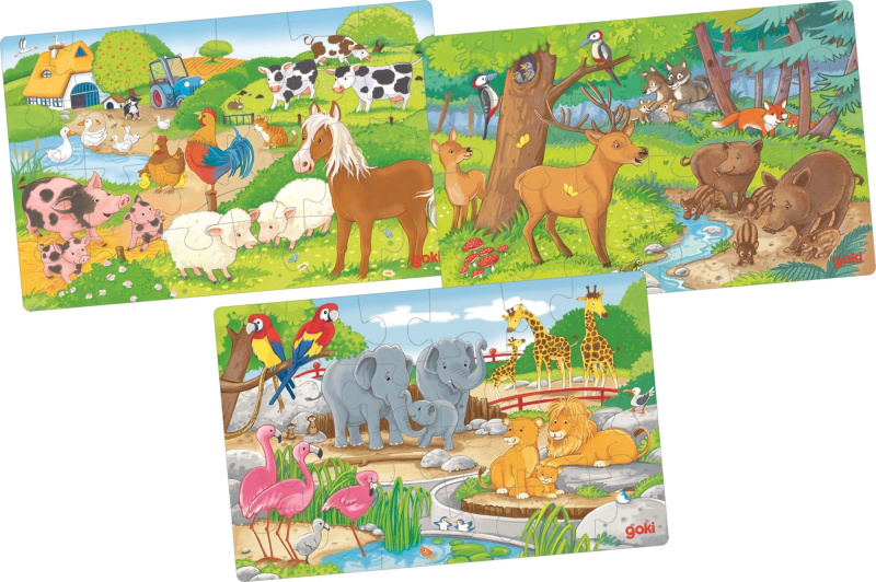 Puzzle dřevěné - Zvířátka, 3 x 24 dílů (Goki)