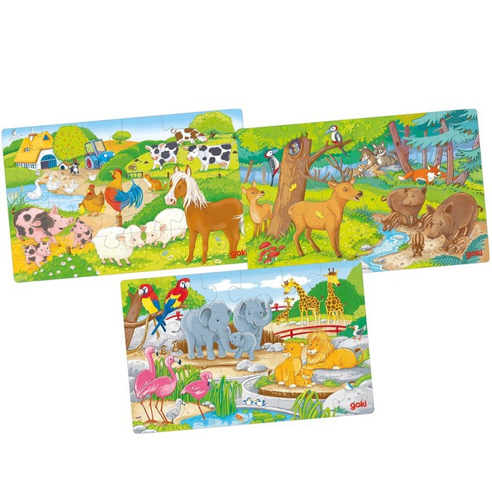 Puzzle dřevěné - Zvířátka, 3 x 24 dílů (Goki)
