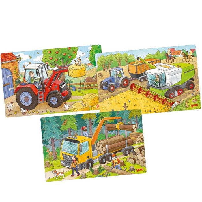 GOKI Dřevěné puzzle Zemědělské stroje 3x24 dílků