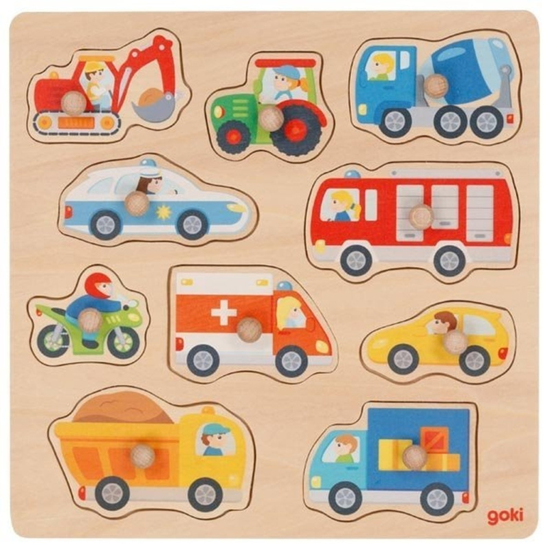 Goki dřevěné puzzle i kostky pro nejmenší Autíčka
